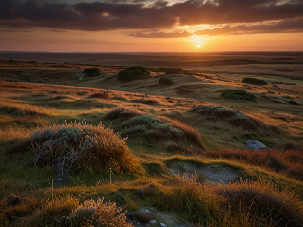 Dansk hedeområde i solnedgang